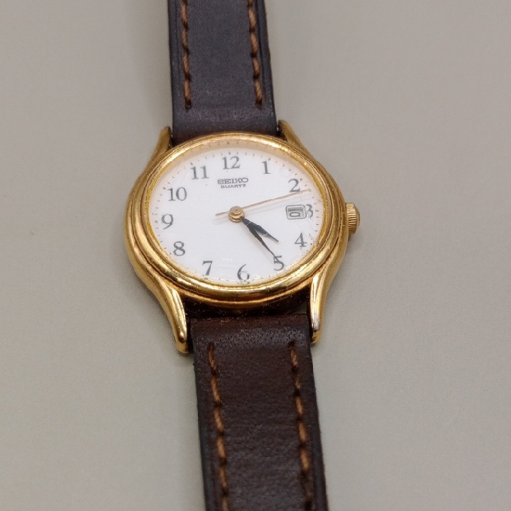 Seiko Gold Case with Dark Brown Strap Watch Japan